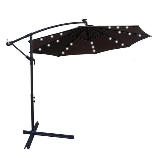10 ft. Outdoor Patio Cantilever Umbrella Solar LED Lighting with Chocolate Crank and Cross Base