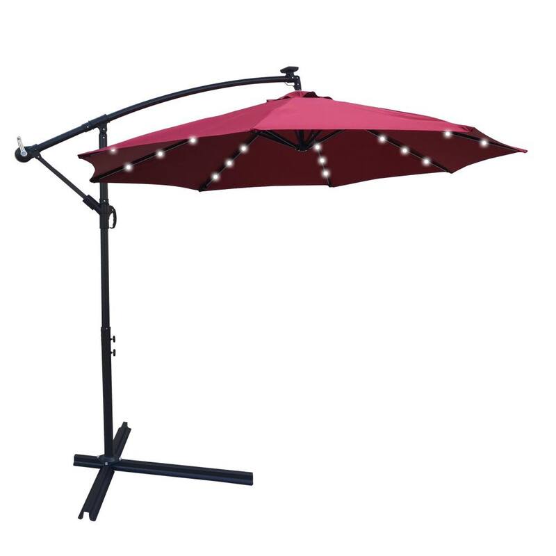 10 ft. Cantilever Solar Patio Umbrella in Burgundy with Crank and Cross Base