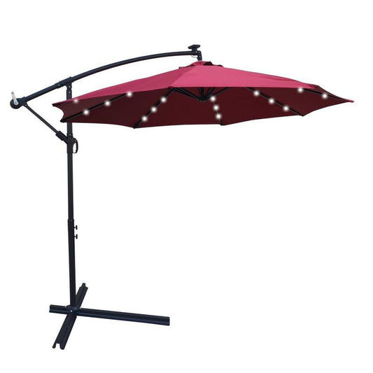 10 ft. Cantilever Solar Patio Umbrella in Burgundy with Crank and Cross Base
